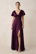 Short Sleeve V - Neck A - Line Satin Bridesmaid Dress With Slit in Sangria - KissProm Bridesmaid Dresses
