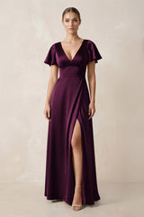 Short Sleeve V - Neck A - Line Satin Bridesmaid Dress With Slit in Sangria - KissProm Bridesmaid Dresses