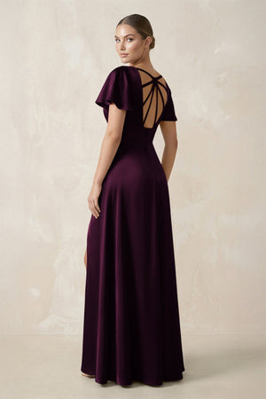 Short Sleeve V - Neck A - Line Satin Bridesmaid Dress With Slit in Sangria - KissProm Bridesmaid Dresses