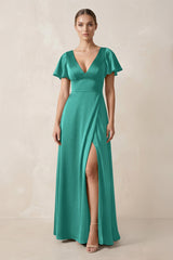 Short Sleeve V - Neck A - Line Satin Bridesmaid Dress With Slit in Sea Glass - KissProm Bridesmaid Dresses