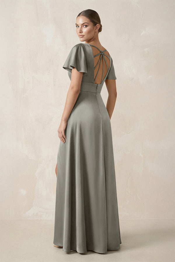 Short Sleeve V - Neck A - Line Satin Bridesmaid Dress With Slit in Silver - KissProm Bridesmaid Dresses