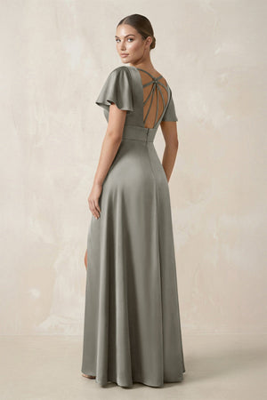Short Sleeve V - Neck A - Line Satin Bridesmaid Dress With Slit in Silver - KissProm Bridesmaid Dresses