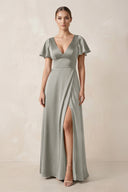 Short Sleeve V - Neck A - Line Satin Bridesmaid Dress With Slit in Silver - KissProm Bridesmaid Dresses