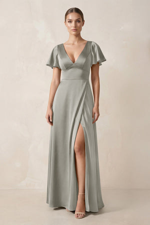 Short Sleeve V - Neck A - Line Satin Bridesmaid Dress With Slit in Silver - KissProm Bridesmaid Dresses
