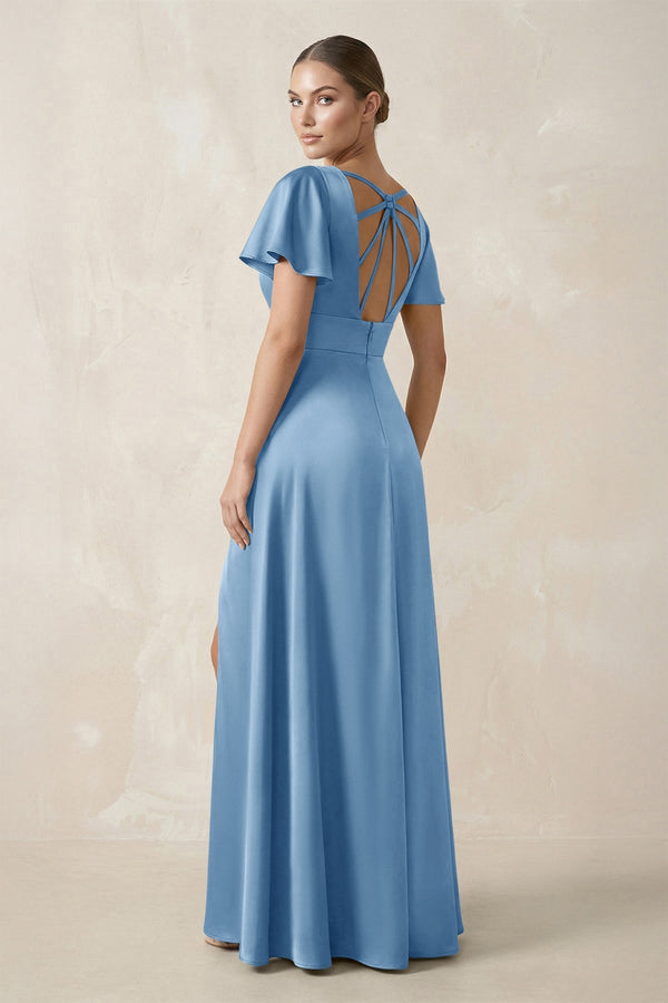 Short Sleeve V - Neck A - Line Satin Bridesmaid Dress With Slit in Sky Blue - KissProm Bridesmaid Dresses