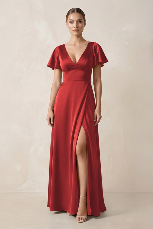Short Sleeve V - Neck A - Line Satin Bridesmaid Dress With Slit in Spice - KissProm Bridesmaid Dresses