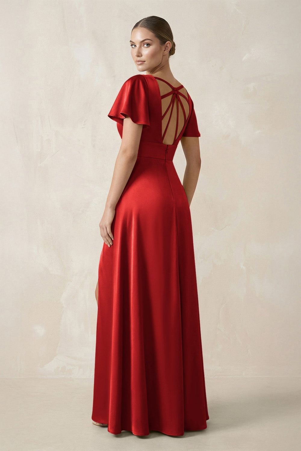 Short Sleeve V - Neck A - Line Satin Bridesmaid Dress With Slit in Spice - KissProm Bridesmaid Dresses