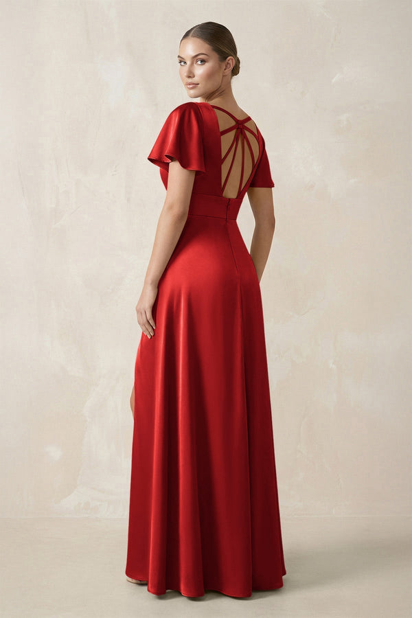 Short Sleeve V - Neck A - Line Satin Bridesmaid Dress With Slit in Spice - KissProm Bridesmaid Dresses