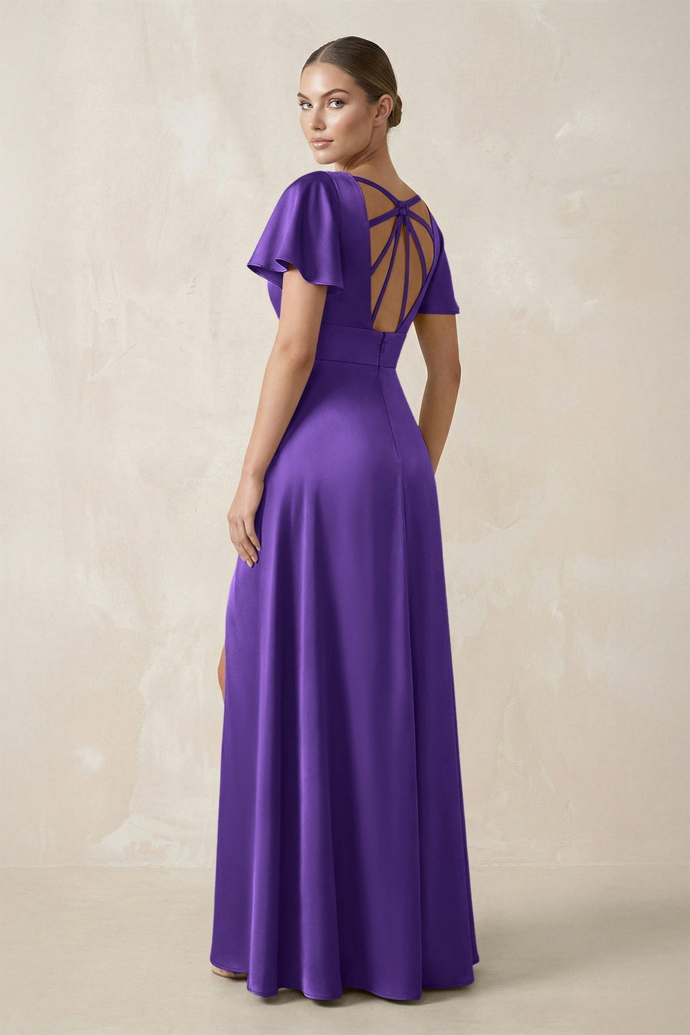 Short Sleeve V - Neck A - Line Satin Bridesmaid Dress With Slit in Tahiti - KissProm Bridesmaid Dresses
