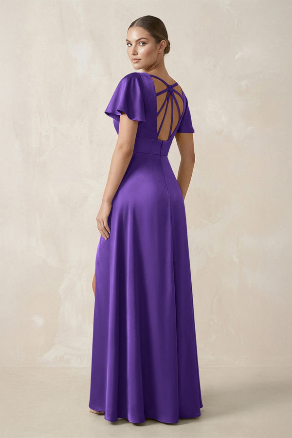 Short Sleeve V - Neck A - Line Satin Bridesmaid Dress With Slit in Tahiti - KissProm Bridesmaid Dresses