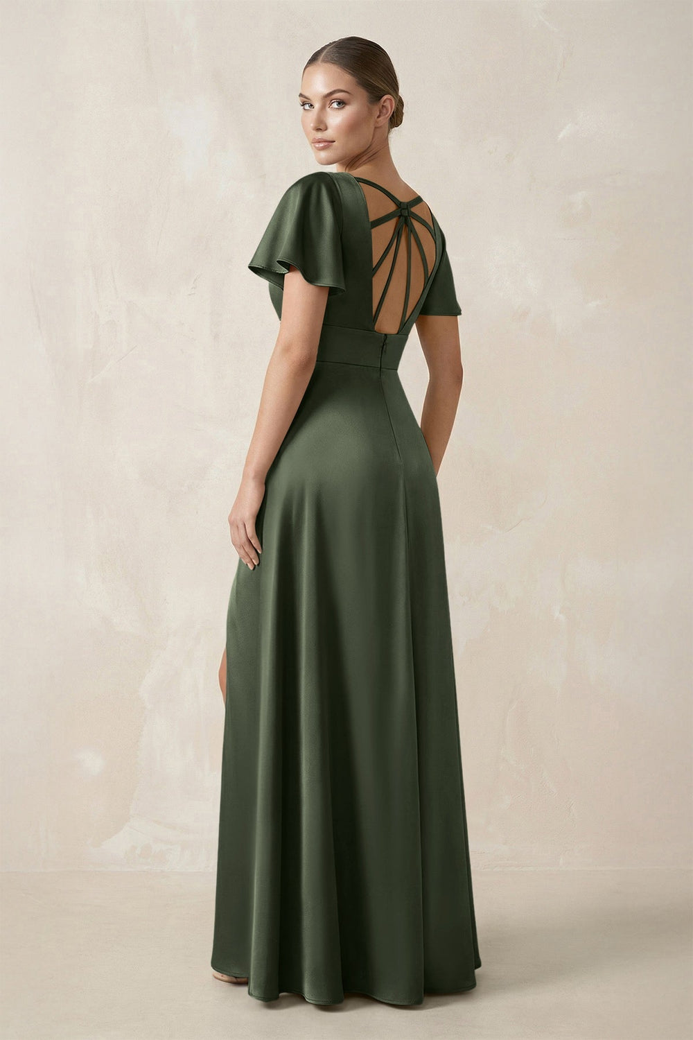 Short Sleeve V - Neck A - Line Satin Bridesmaid Dress With Slit in Thyme - KissProm Bridesmaid Dresses