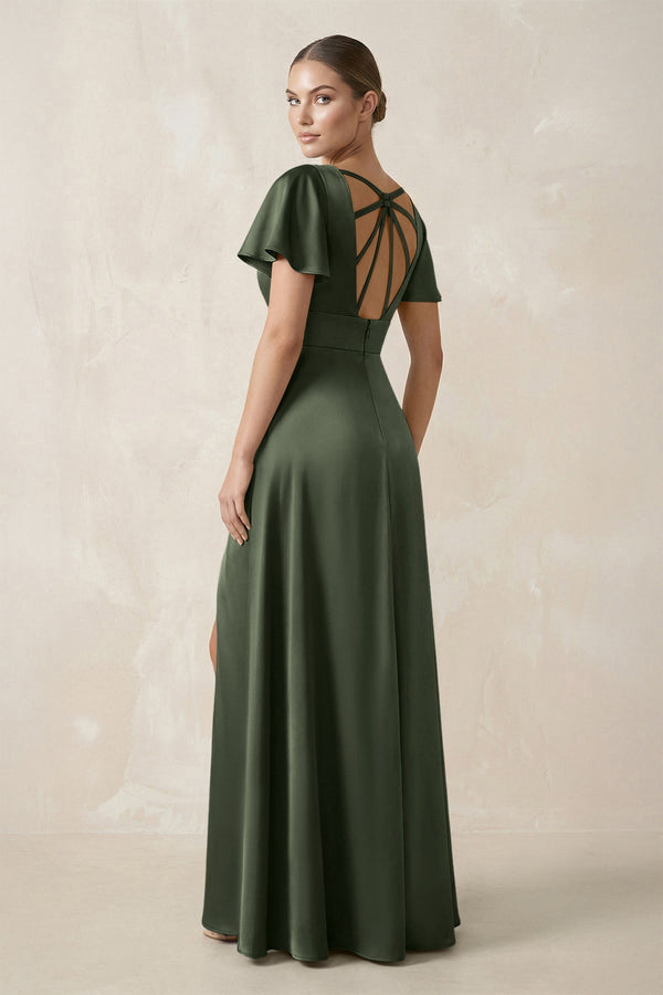 Short Sleeve V - Neck A - Line Satin Bridesmaid Dress With Slit in Thyme - KissProm Bridesmaid Dresses