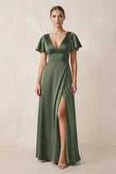 Short Sleeve V - Neck A - Line Satin Bridesmaid Dress With Slit in Thyme - KissProm Bridesmaid Dresses