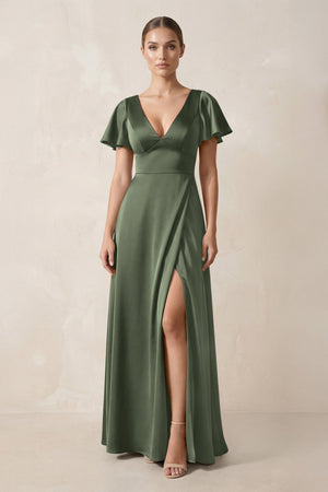 Short Sleeve V - Neck A - Line Satin Bridesmaid Dress With Slit in Thyme - KissProm Bridesmaid Dresses