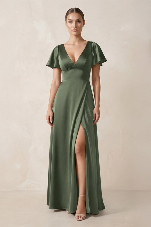 Short Sleeve V - Neck A - Line Satin Bridesmaid Dress With Slit in Thyme - KissProm Bridesmaid Dresses