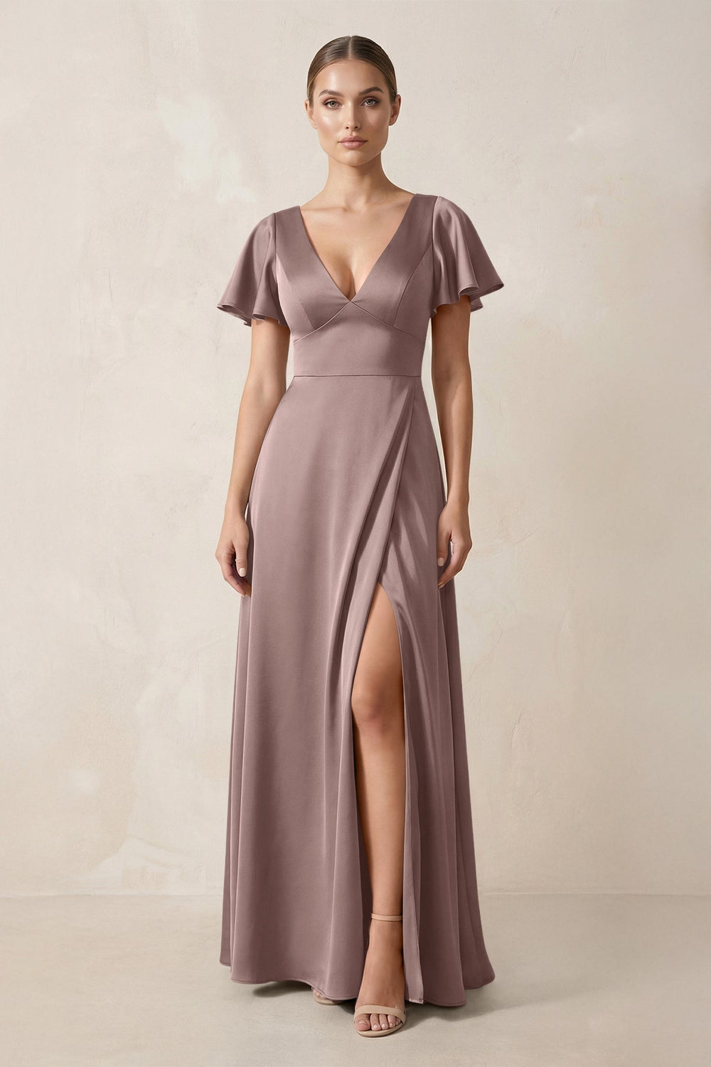 Short Sleeve V - Neck A - Line Satin Bridesmaid Dress With Slit in Toffee - KissProm Bridesmaid Dresses