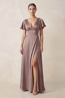 Short Sleeve V - Neck A - Line Satin Bridesmaid Dress With Slit in Toffee - KissProm Bridesmaid Dresses
