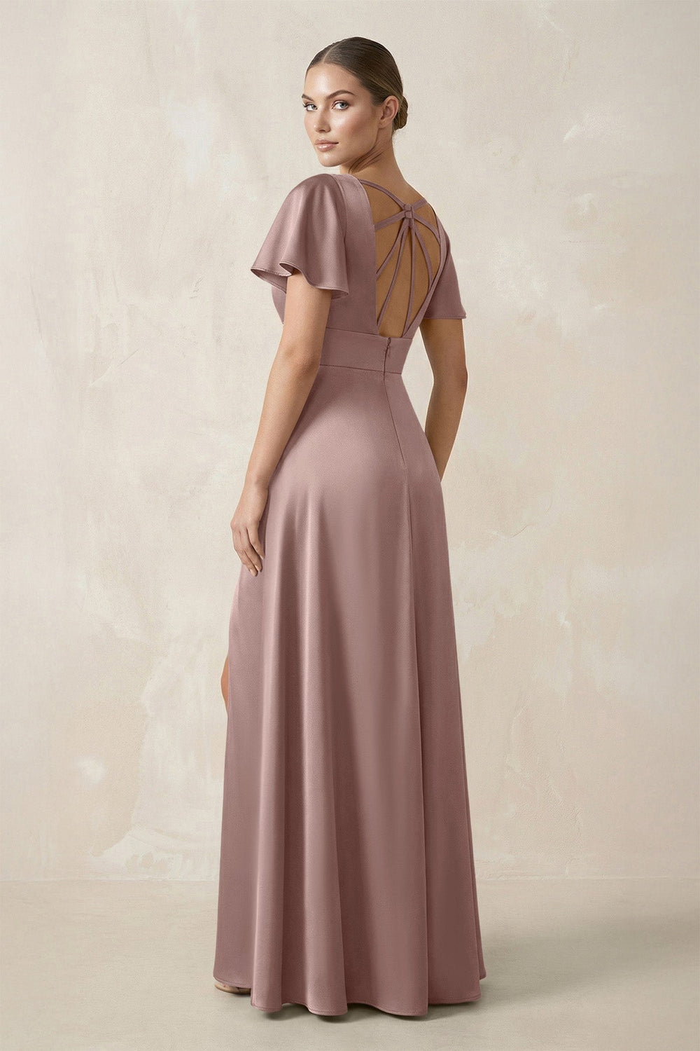 Short Sleeve V - Neck A - Line Satin Bridesmaid Dress With Slit in Toffee - KissProm Bridesmaid Dresses