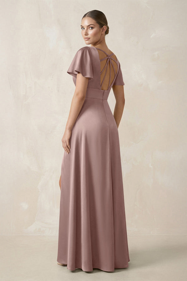 Short Sleeve V - Neck A - Line Satin Bridesmaid Dress With Slit in Toffee - KissProm Bridesmaid Dresses