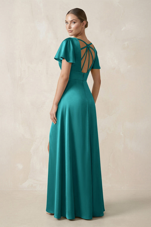 Short Sleeve V - Neck A - Line Satin Bridesmaid Dress With Slit in Turquoise - KissProm Bridesmaid Dresses
