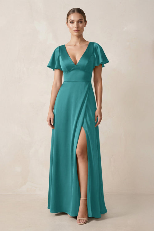 Short Sleeve V - Neck A - Line Satin Bridesmaid Dress With Slit in Turquoise - KissProm Bridesmaid Dresses