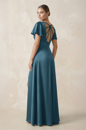 Short Sleeve V - Neck A - Line Satin Bridesmaid Dress With Slit in Twilight - KissProm Bridesmaid Dresses