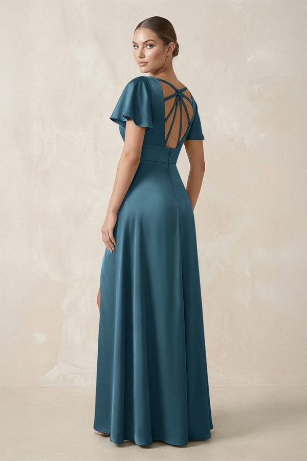 Short Sleeve V - Neck A - Line Satin Bridesmaid Dress With Slit in Twilight - KissProm Bridesmaid Dresses