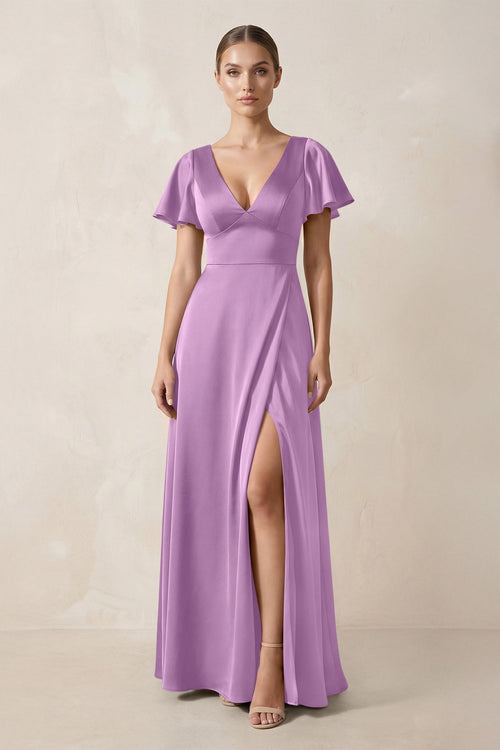 Short Sleeve V - Neck A - Line Satin Bridesmaid Dress With Slit in Vintage Mauve - KissProm Bridesmaid Dresses