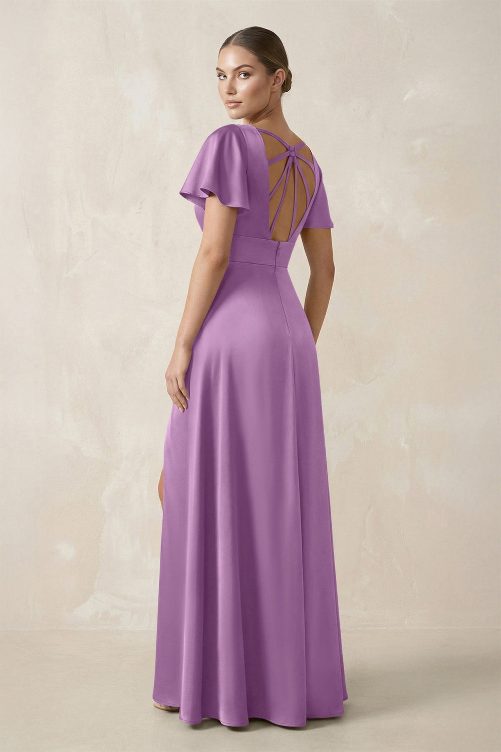 Short Sleeve V - Neck A - Line Satin Bridesmaid Dress With Slit in Vintage Mauve - KissProm Bridesmaid Dresses