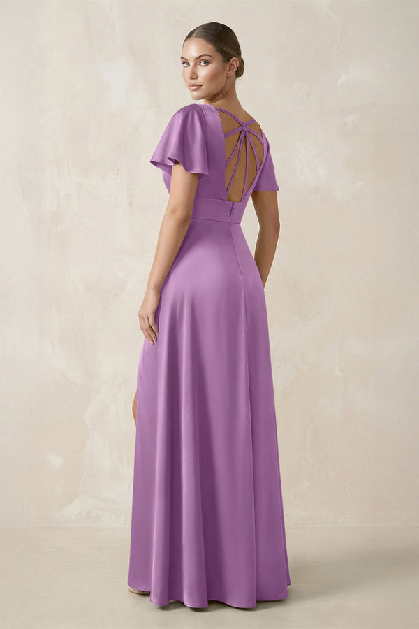 Short Sleeve V - Neck A - Line Satin Bridesmaid Dress With Slit in Vintage Mauve - KissProm Bridesmaid Dresses