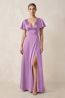 Short Sleeve V - Neck A - Line Satin Bridesmaid Dress With Slit in Vintage Mauve - KissProm Bridesmaid Dresses