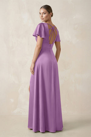 Short Sleeve V - Neck A - Line Satin Bridesmaid Dress With Slit in Vintage Mauve - KissProm Bridesmaid Dresses