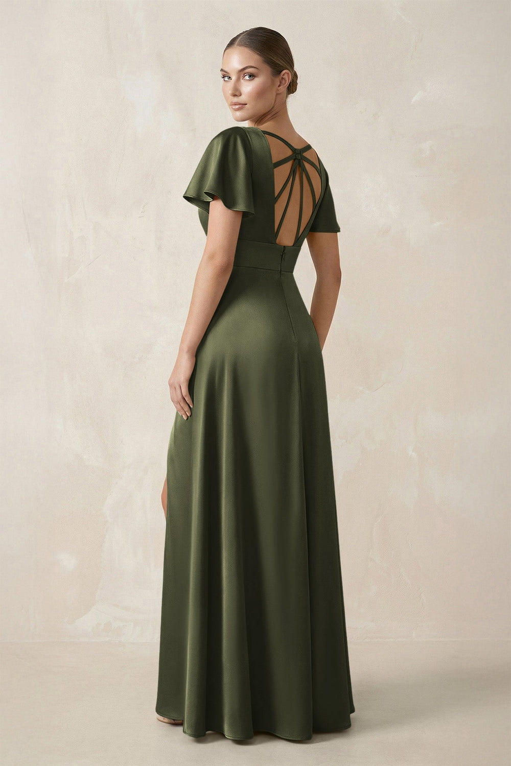 Short Sleeve V - Neck A - Line Satin Bridesmaid Dress With Slit in Willow Green - KissProm Bridesmaid Dresses