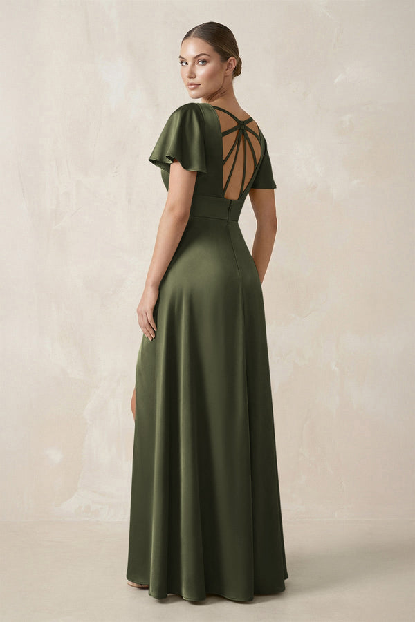 Short Sleeve V - Neck A - Line Satin Bridesmaid Dress With Slit in Willow Green - KissProm Bridesmaid Dresses