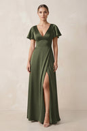 Short Sleeve V - Neck A - Line Satin Bridesmaid Dress With Slit in Willow Green - KissProm Bridesmaid Dresses