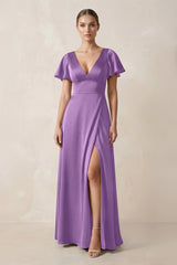 Short Sleeve V - Neck A - Line Satin Bridesmaid Dress With Slit in Wisteria - KissProm Bridesmaid Dresses