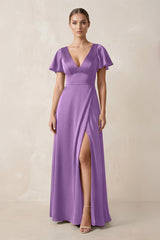 Short Sleeve V - Neck A - Line Satin Bridesmaid Dress With Slit in Wisteria - KissProm Bridesmaid Dresses