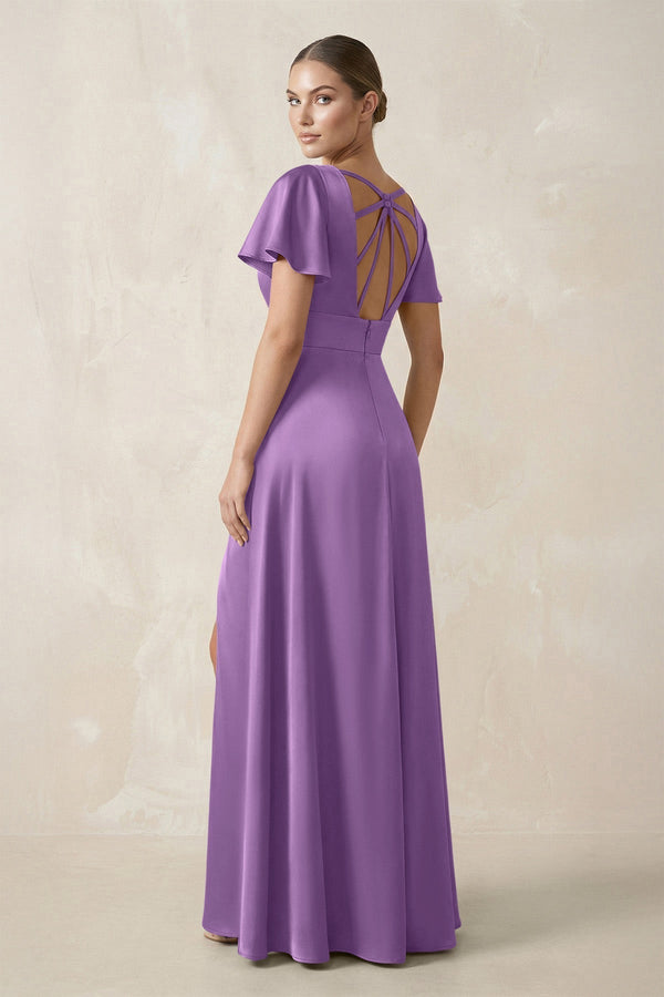 Short Sleeve V - Neck A - Line Satin Bridesmaid Dress With Slit in Wisteria - KissProm Bridesmaid Dresses