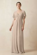 Short Sleeve V-Neck Chiffon A-Line Bridesmaid Dress in Almond - KissProm BRIDESMAID DRESSES