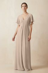 Short Sleeve V-Neck Chiffon A-Line Bridesmaid Dress in Almond - KissProm BRIDESMAID DRESSES