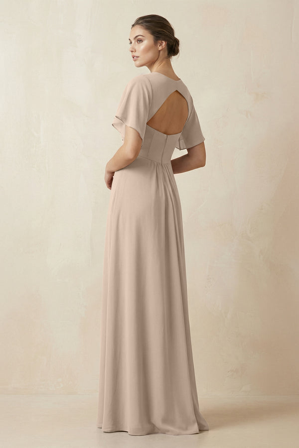 Short Sleeve V-Neck Chiffon A-Line Bridesmaid Dress in Almond - KissProm BRIDESMAID DRESSES
