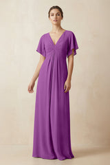 Short Sleeve V-Neck Chiffon A-Line Bridesmaid Dress in Amethyst - KissProm BRIDESMAID DRESSES
