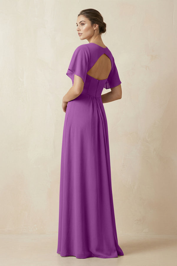 Short Sleeve V-Neck Chiffon A-Line Bridesmaid Dress in Amethyst - KissProm BRIDESMAID DRESSES