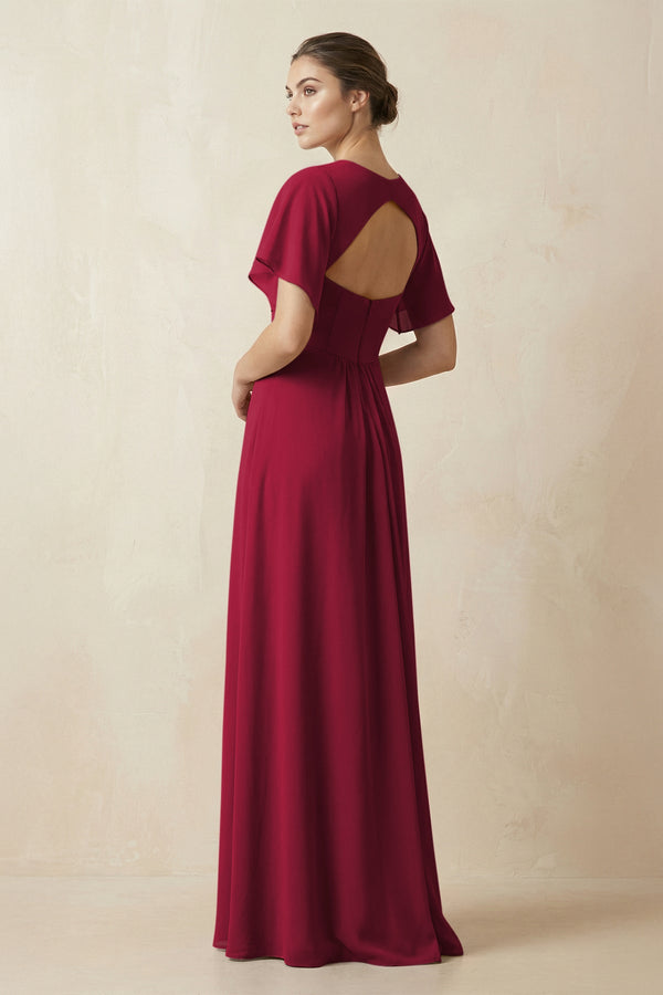 Short Sleeve V-Neck Chiffon A-Line Bridesmaid Dress in Berry - KissProm BRIDESMAID DRESSES