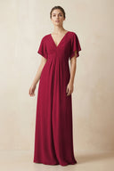 Short Sleeve V-Neck Chiffon A-Line Bridesmaid Dress in Berry - KissProm BRIDESMAID DRESSES