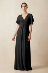 Short Sleeve V-Neck Chiffon A-Line Bridesmaid Dress in Black - KissProm BRIDESMAID DRESSES