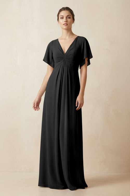 Short Sleeve V-Neck Chiffon A-Line Bridesmaid Dress in Black - KissProm BRIDESMAID DRESSES