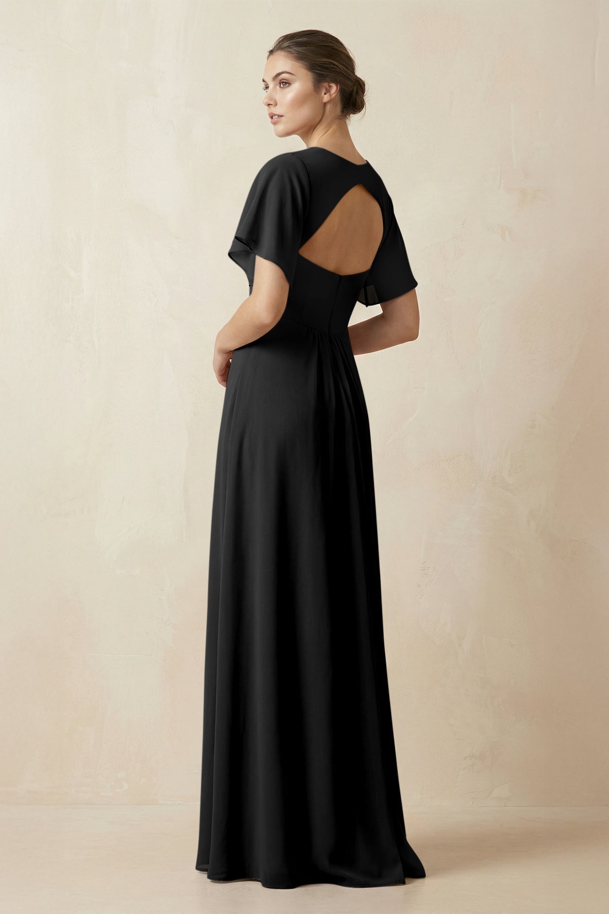 KissProm Short Sleeve V-Neck Chiffon A-Line Bridesmaid Dress in Black, Black / 26