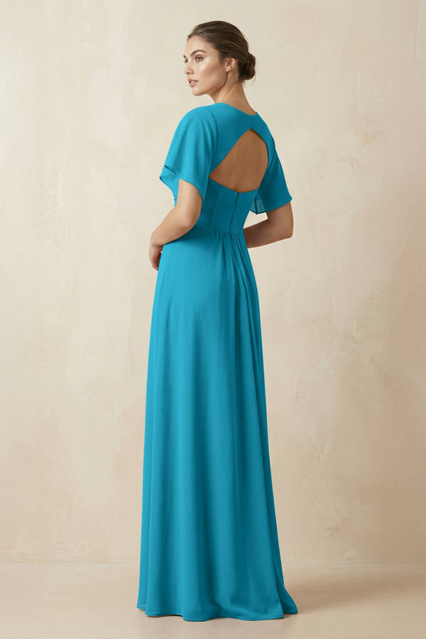 Short Sleeve V-Neck Chiffon A-Line Bridesmaid Dress in Blue Jay - KissProm BRIDESMAID DRESSES
