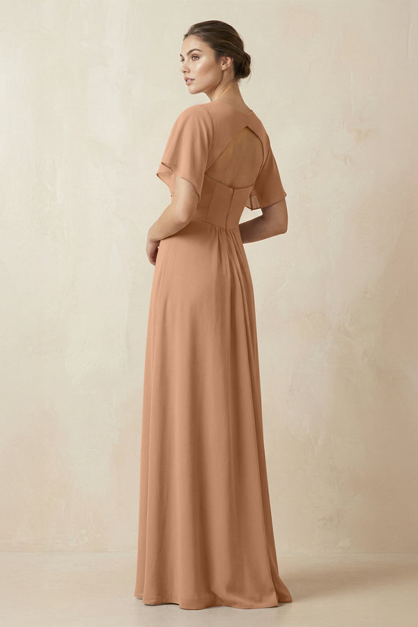 Short Sleeve V-Neck Chiffon A-Line Bridesmaid Dress in Bronzer - KissProm BRIDESMAID DRESSES